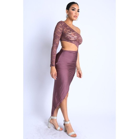 Women's Sexy Asymmetric Cut Out One Sleeve Wrap Midi Dress Dust Mauve S M L - Picture 5 of 12